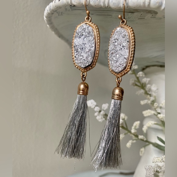 Silver Druzy Tassel Dangle Earrings - Picture 3 of 14